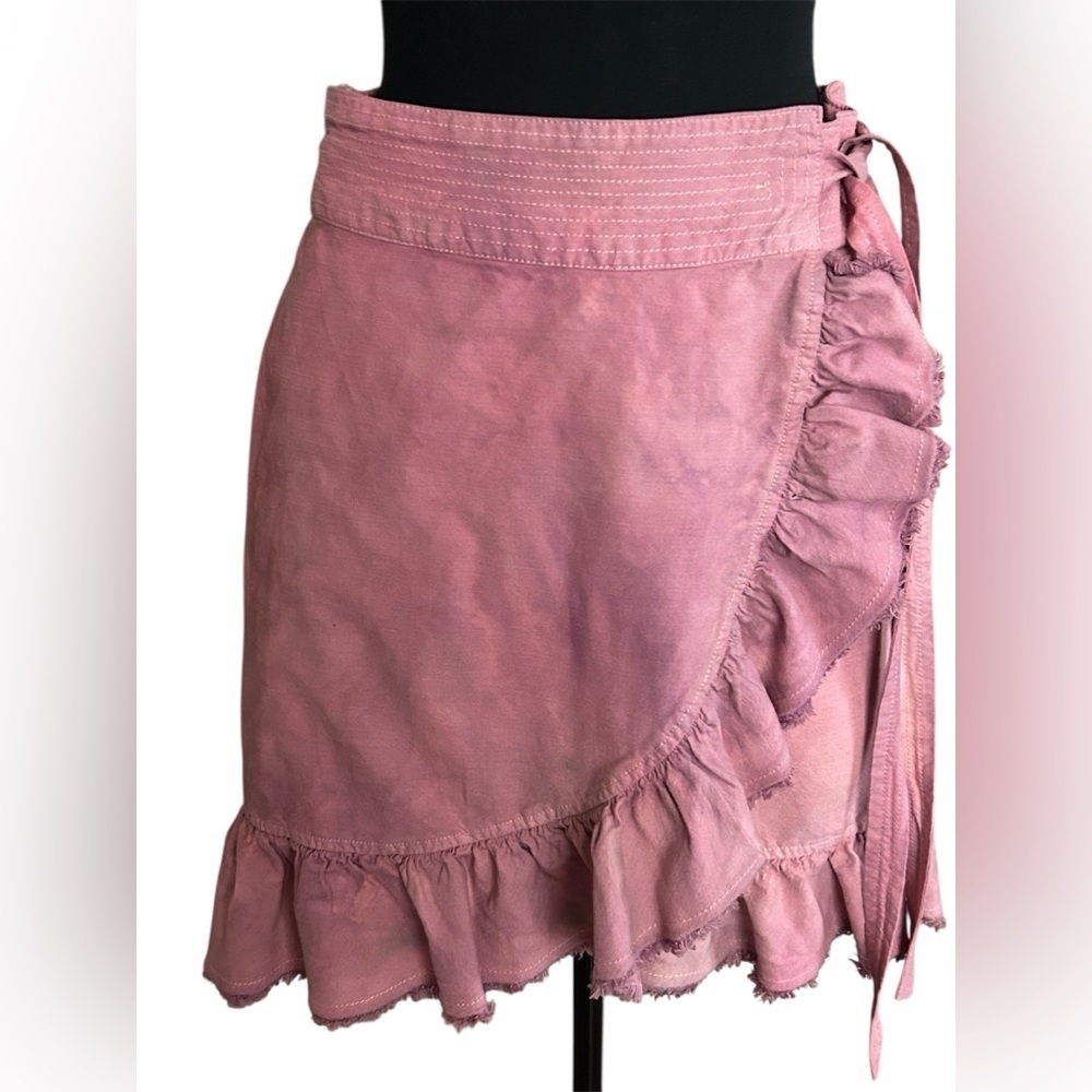 Pilcro Anthropologie Pink Linen Blend Ruffle Wrap Mini Skirt Boho Cottagecore M